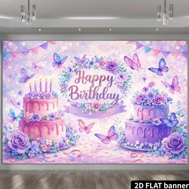 2D Flat Butterfly Birthday Banner Pink Purple Cake & Floral Themed Party Backdrop for Girls