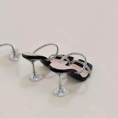 New Square Head Rhinestone High Heels Fairy Style Transparent One-word Diamond with Stiletto Sandals Women Wear Wine Glasses and Slippers