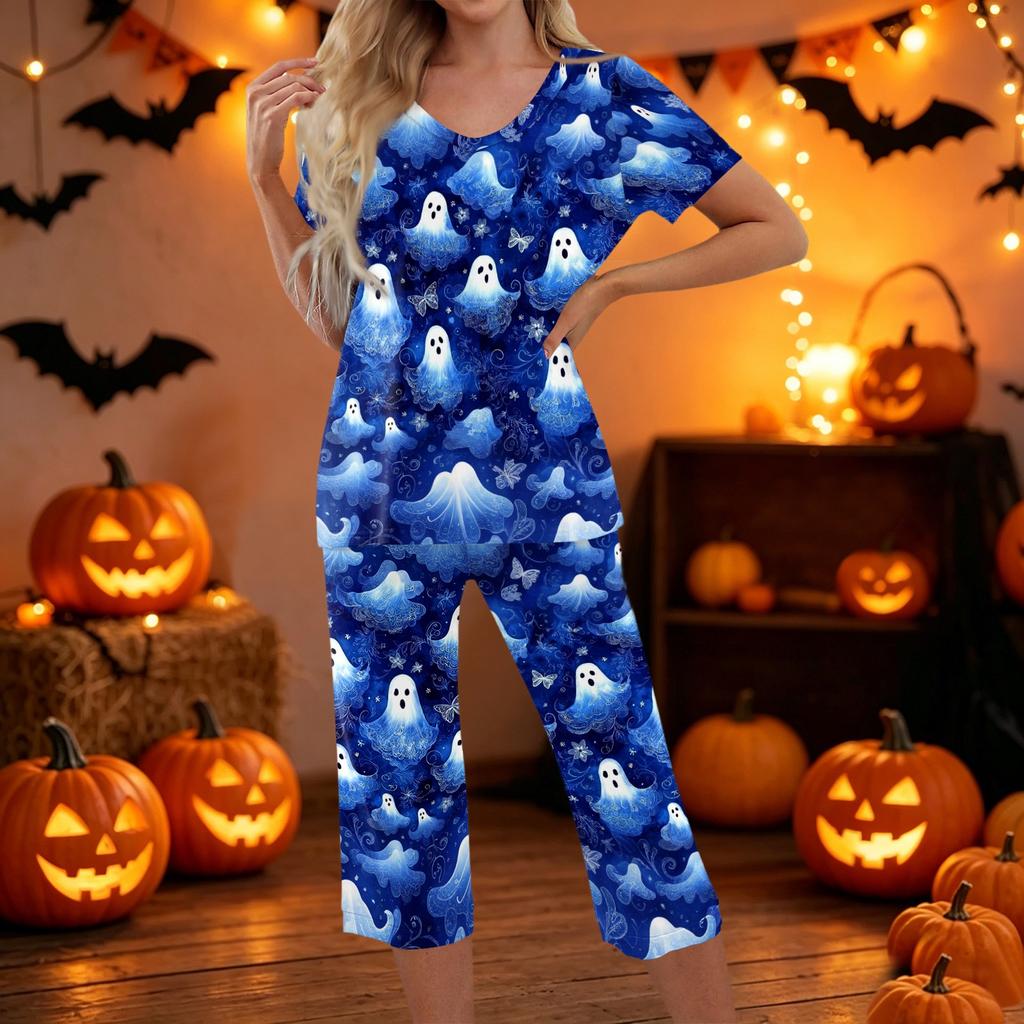 Women Halloween Two Piece Set Short Sleeve Top and Capri Pants Lounge Wear Pumpkin Print Casual Sleepwear Set