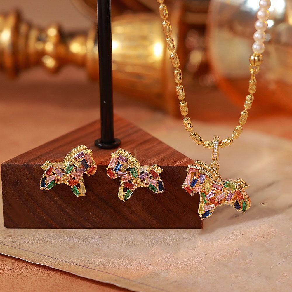 Good Luck New Year Pony Jewelry Set Rhinestone Vintage Zircon Earrings Necklace  Woman