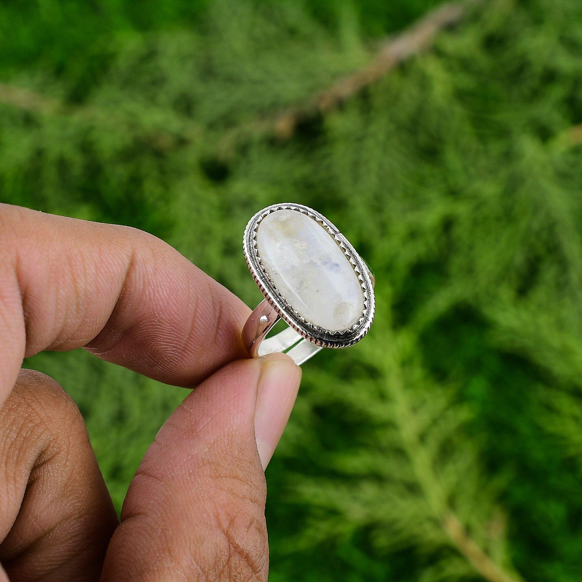 

Mothers day Deal 925 Silver Rainbow Moonstone Stone Statement Handmade Boho Ring Adjustable