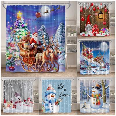 Winter Weihnachten Duschvorhänge Lustiger Weihnachtsmann Rentier Schneemann Rote Weihnachtsbaumkugeln Schnee Zuhause Badezimmer Vorhang Deko Mit Haken