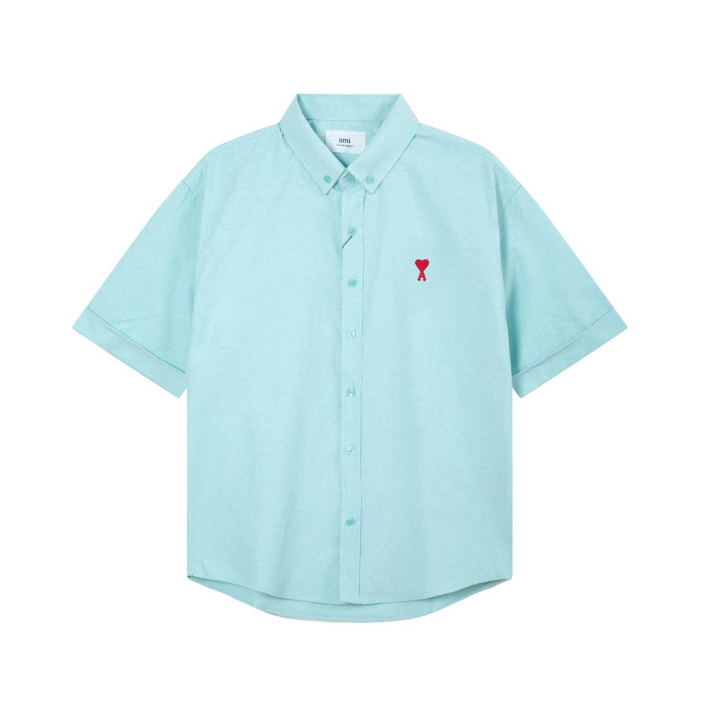 AMI Men's Classic Spring and Autumn Red Heart Embroidered Casual Cotton Solid Color Short Sleeve Shirt On the Chest