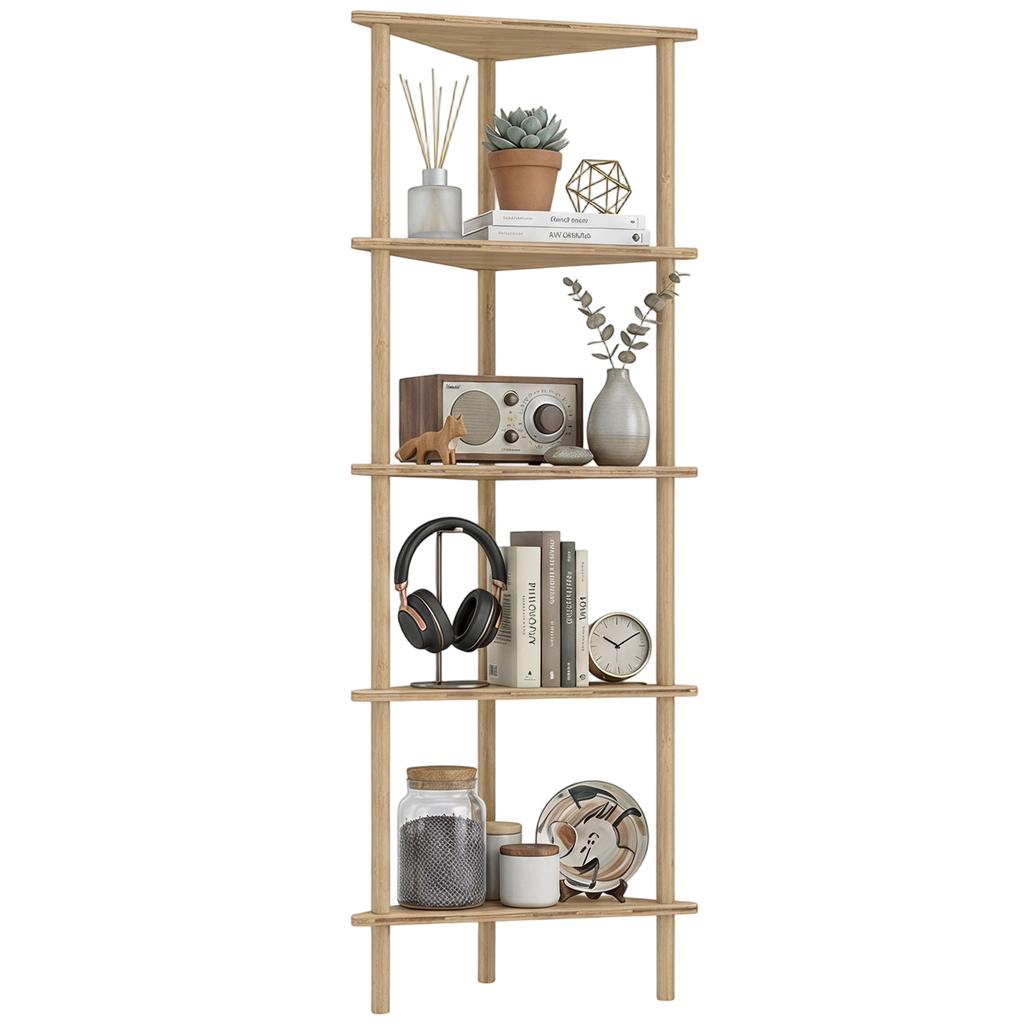 Bamboo Storage Shelf, 5-tier Corner Shelf, Freestanding Shelving Unit for Living Room, Home Office, Natural Wood Finish