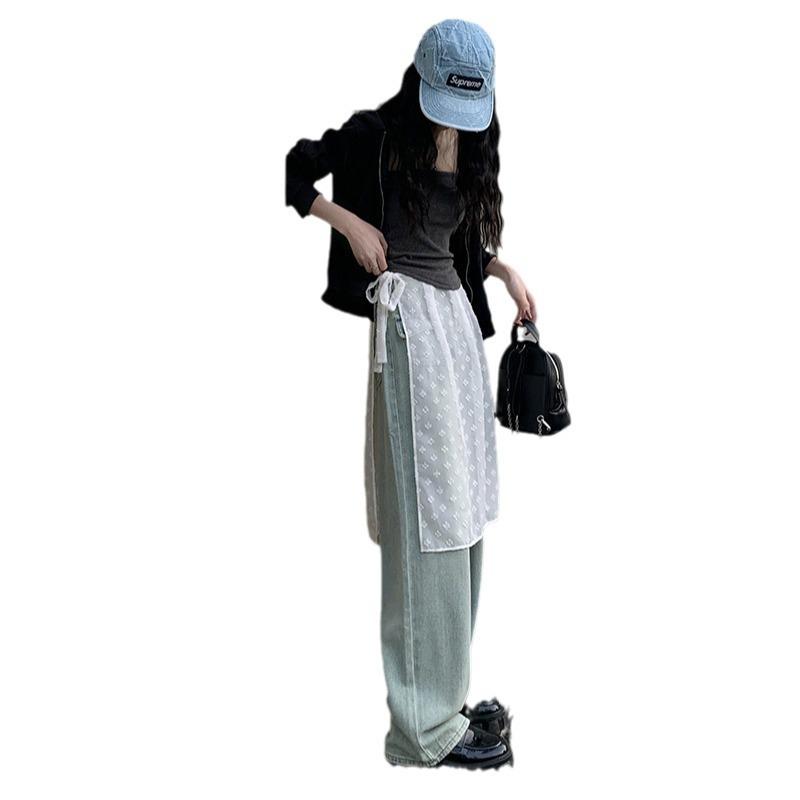 Gładka Przezroczysta Warstwowa Spódnica Midi z Wysokim Stanem, Wiązana i z Koronkowymi Detalami