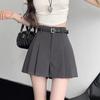 Women's Gray Pleated Shorts Skirt: High-Waist, Slimming, A-line, Wide-Leg Hot Pants for Summer 2025.