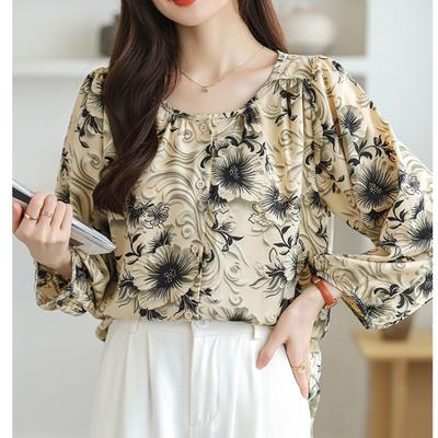 Sweet Printed Round Neck Long Sleeve Casual Women's Shirts Fashion Elegant Tops Button Up Loose Blouses Women Vintage Floral Slim Fit Lady Shirt 26343