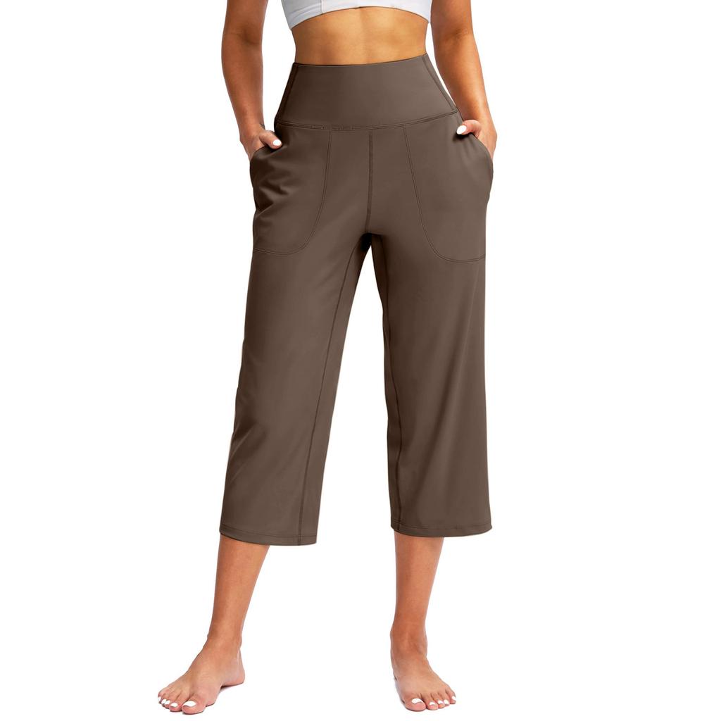 Summer Women Sports Yoga Pants Astic High Waist Casual Active Fit Wide Capris Leg Pants Yoga Leggings Soft Gym Knee Length with Pockets