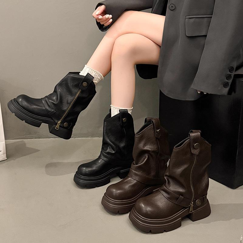 Thick-soled Martin boots women's 2025 autumn and winter new British style explosion small slim short boots Maillard V-mouth boots