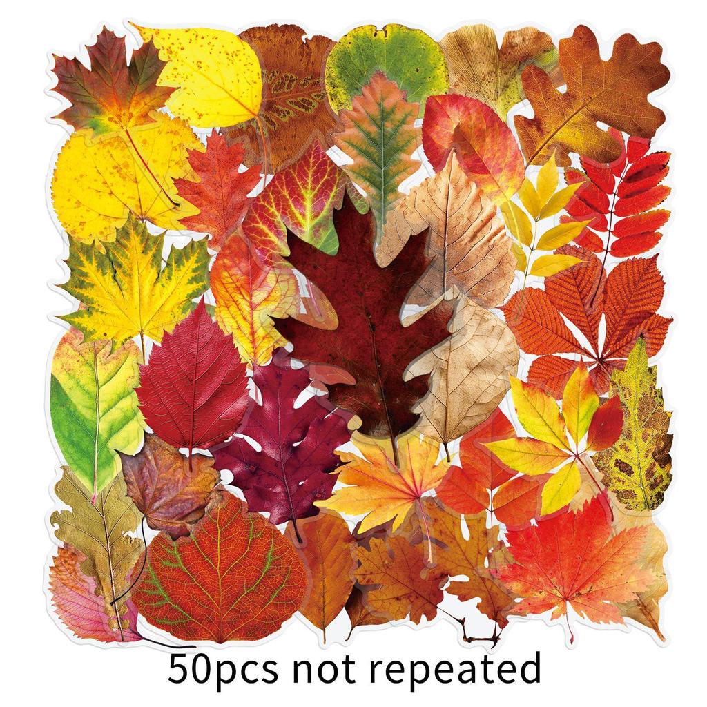 50PCS Realistic Transparent Autumn Leaf Stickers: Waterproof PET Tree Leaves for Decorating Cups and Journals.