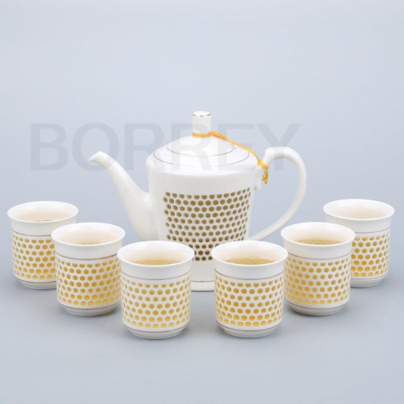 BORREY Ceramic Grain Porcelain Tea Set 1pot6Cups In Gift Box Ling Long Devil's Work Floral Kung Fu Teapot Puer Oolong Tea Kettle
