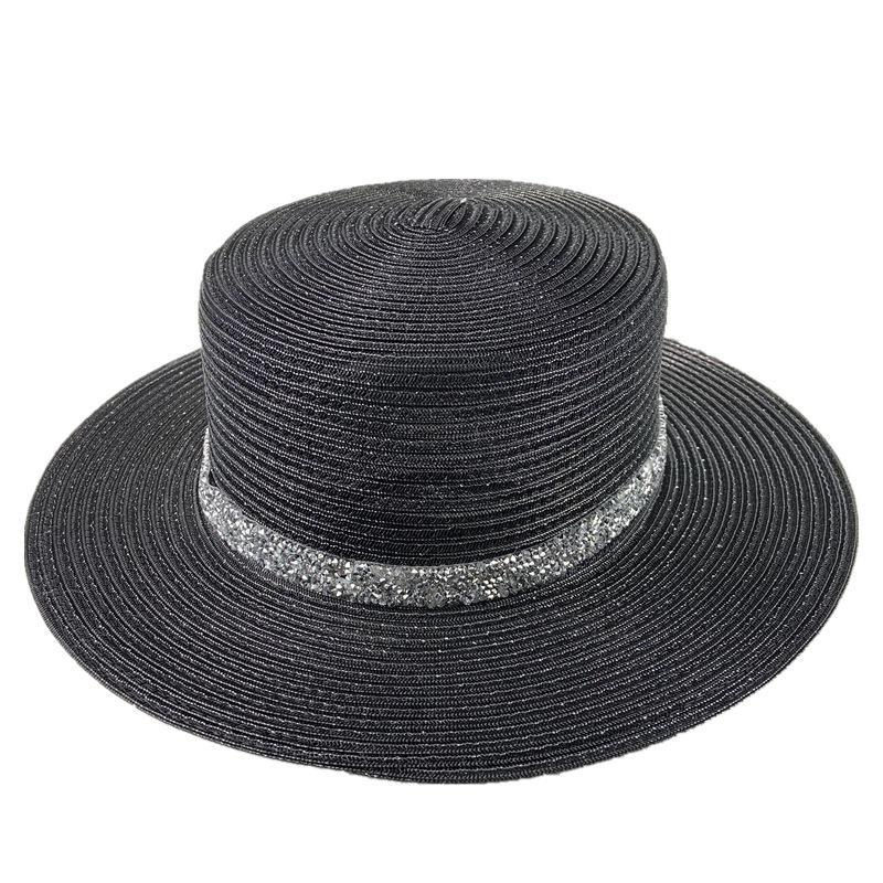 Straw Hat Female Sun Hat Flat Top Sequins Elegant White Top Hat Female British Sun Protection Seaside Vacation Sun Hat Sub Tide