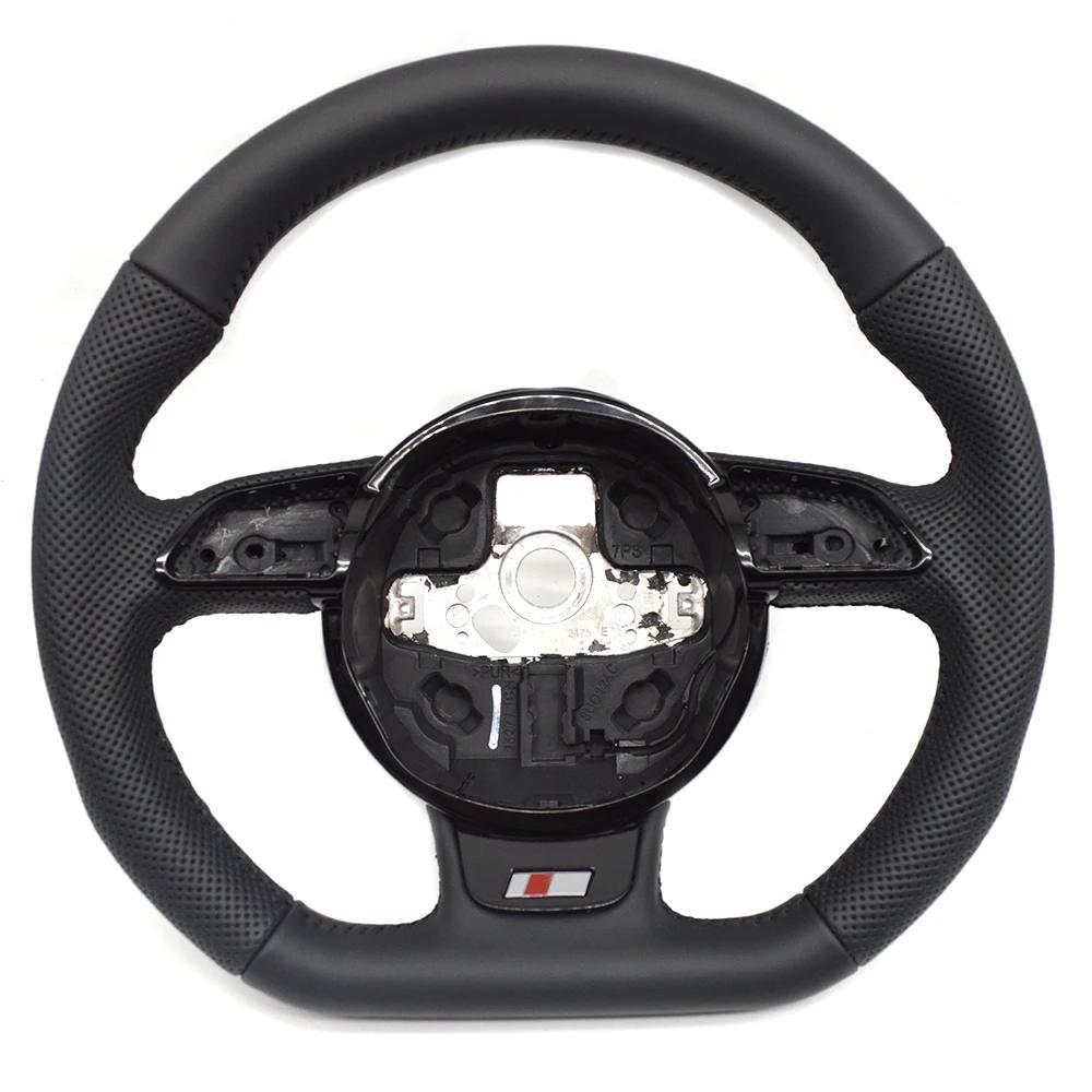 For A4 B8 A3 8V A4 A5 A7 Q3 Q5 Q7 Black Stitched Full Leather Perforated Flat Bottomed Steering Wheel