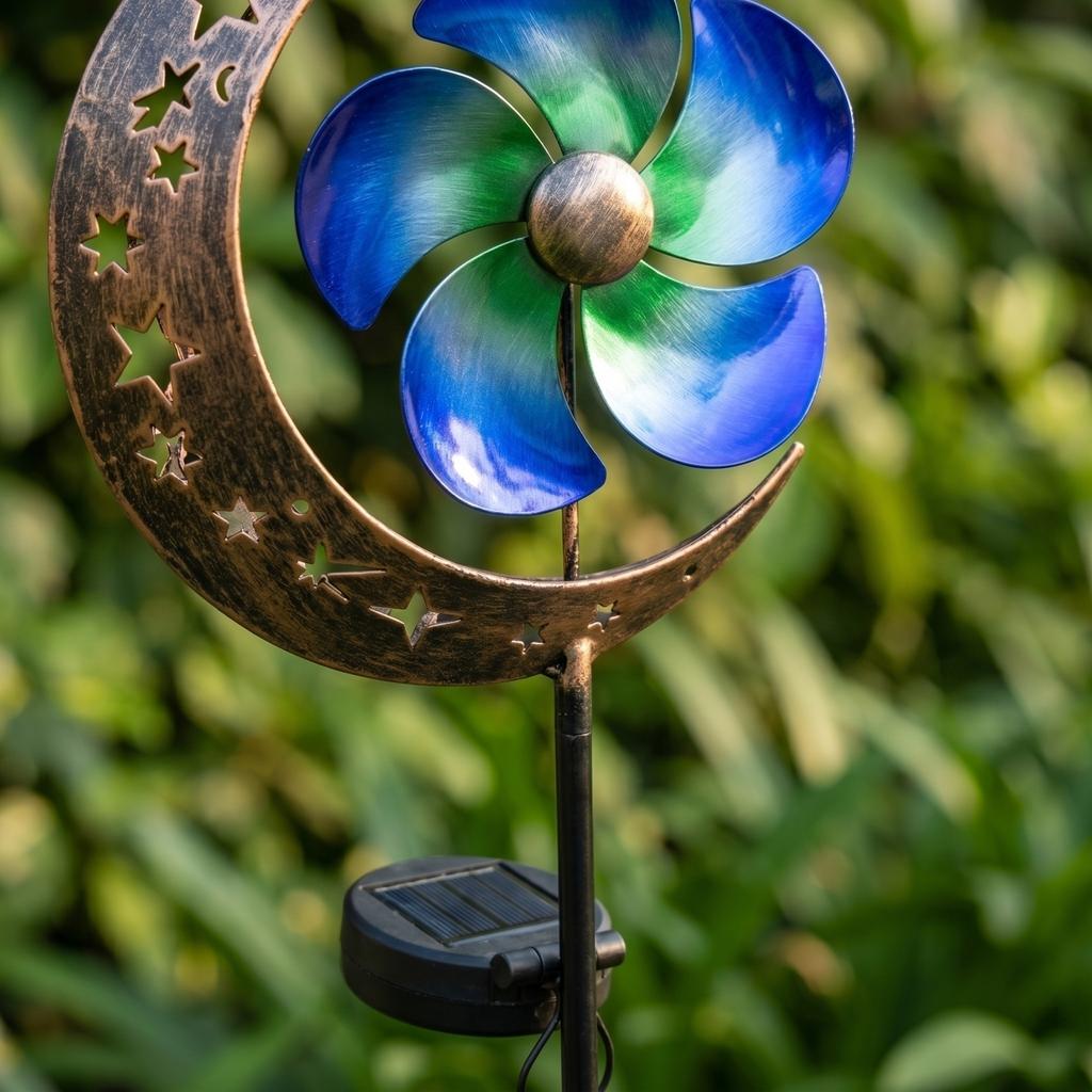 Solar Powered Moon and Pinwheel Garden Stake Light with Metal Construction and Decorative Cutout Design for Outdoor Yard Pathway Lawn Landscape