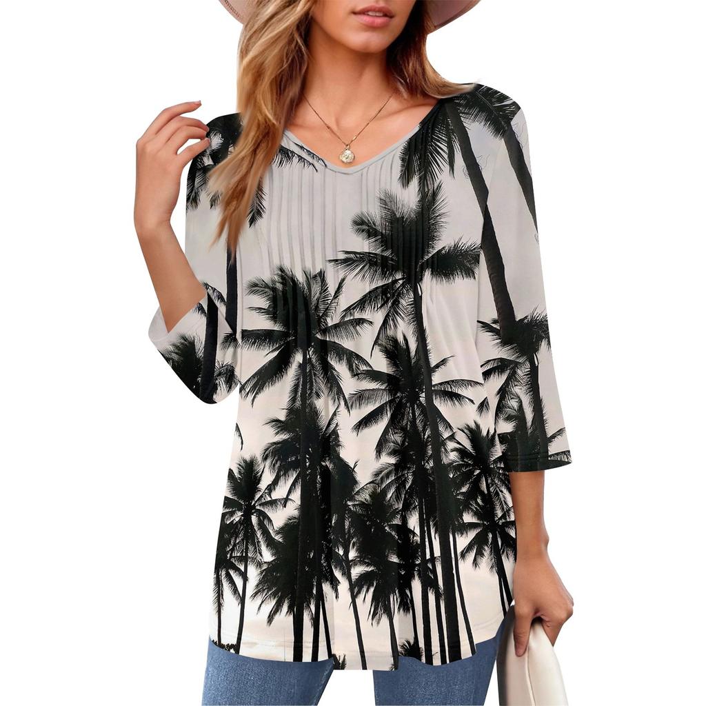Damen Tops V-Ausschnitt Dreiviertelärmel Gestreift Plissee Casual Sommermode Shirt Tops