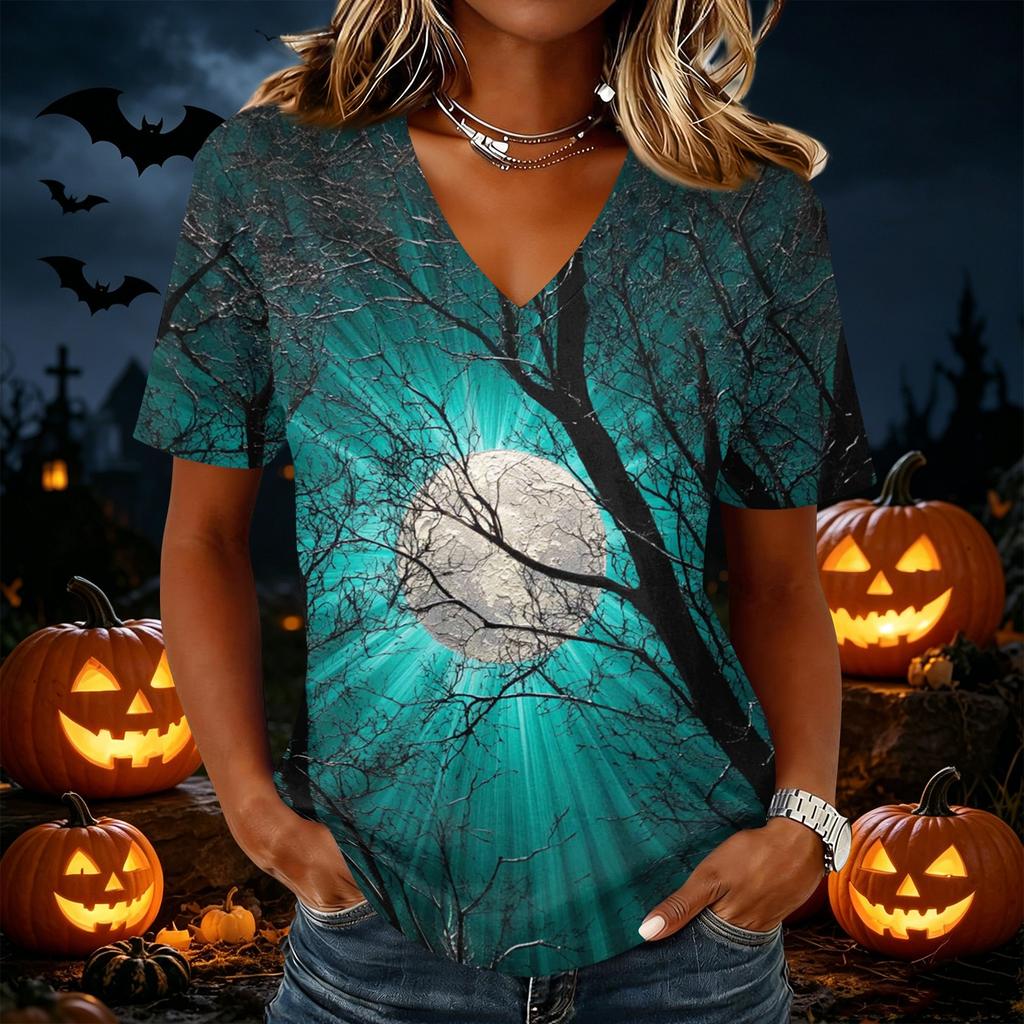Womens Casual V Neck Pullover Top Halloween Print Short Sleeve Lightweight Blouse for Daily Wear