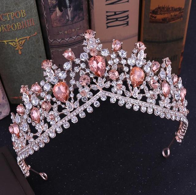 Kmvexo Baroque Rose Gold Pink Crystal Bridal Tiaras Crowns Rhinestone Diadem For Royal Bride Headbands Wedding Hair Accessories