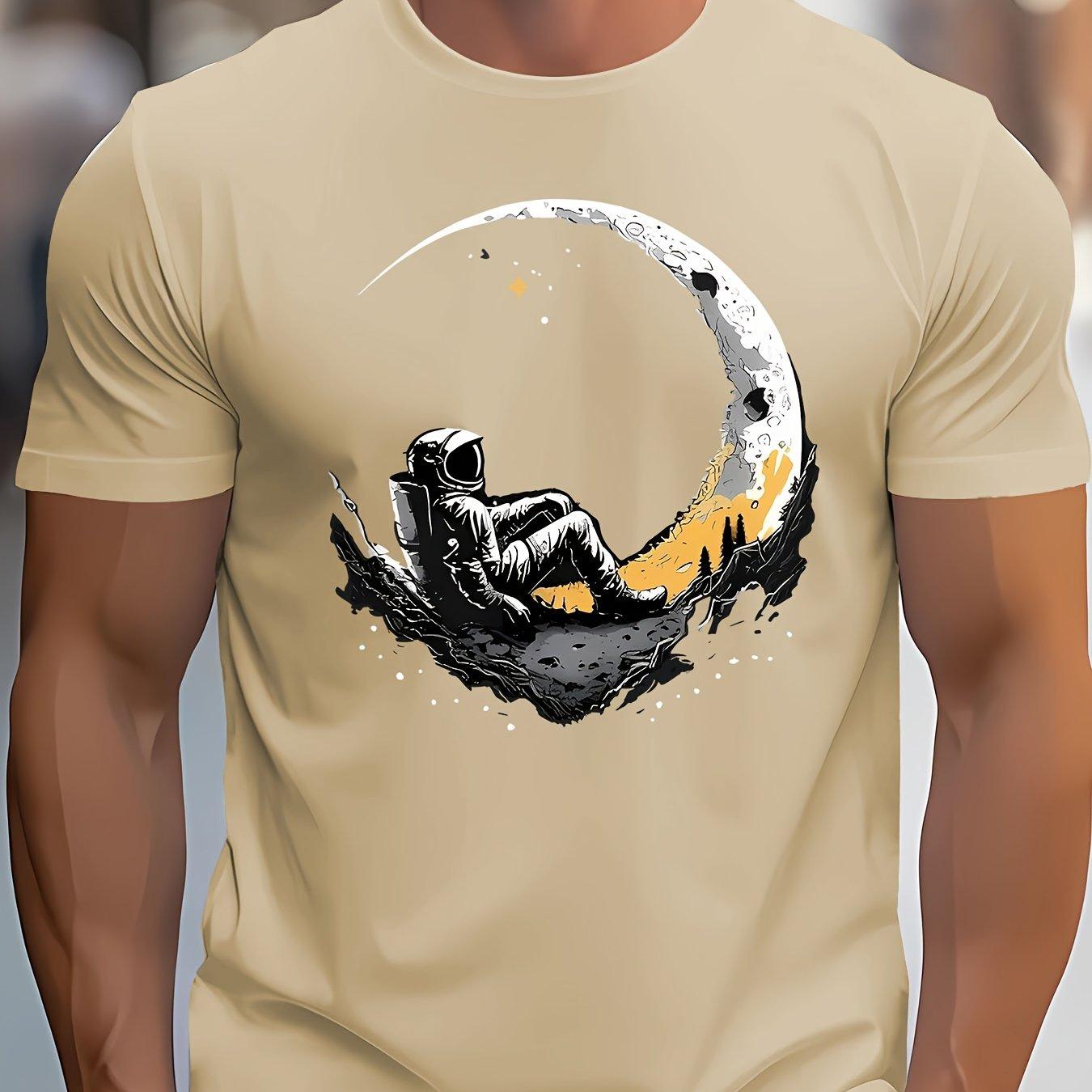 

Men s Summer Fashionable Loose Plus Size Landing Moon Pattern Printed Sports Round Neck Short Sleeved T-shirt 3XL