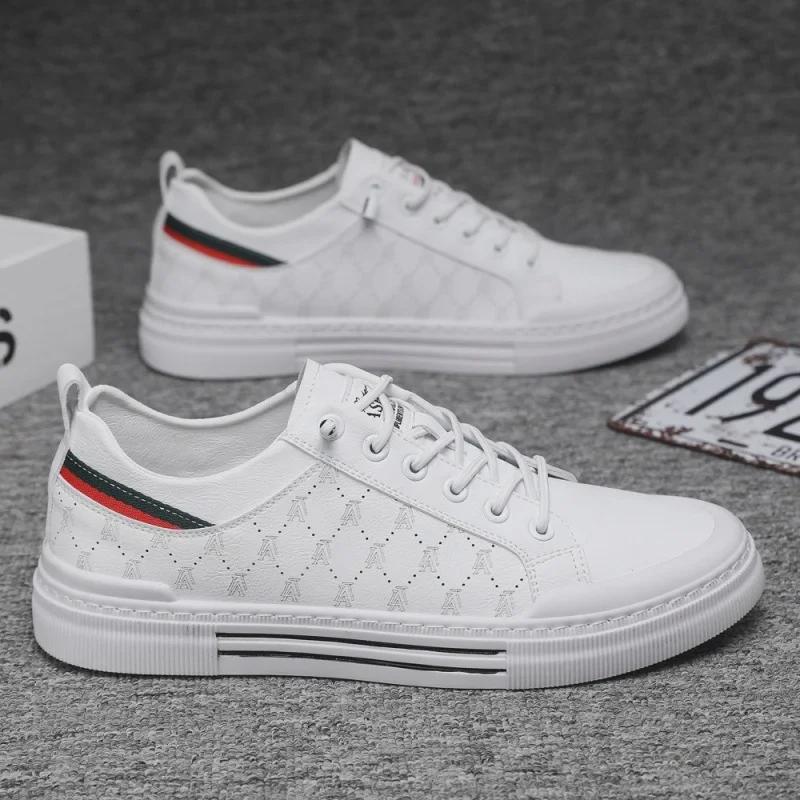 

Модные мужские повседневные белые кожаные кроссовки 2023 года — дышащая, универсальная, плоская спортивная обувь для весны и лета 46 белый