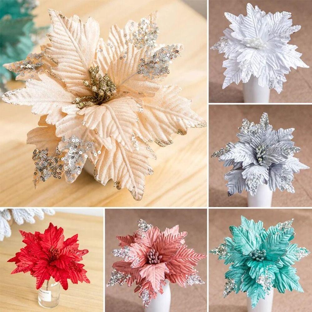 

Flower Head Christmas Fake Flower Glitter Xmas Tree Ornaments New Year Gift
