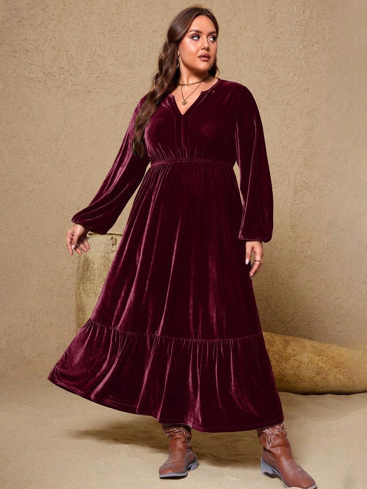European and American Large Size Solid Color Lantern Sleeves Velvet Waist Notch V-neck Dress Women