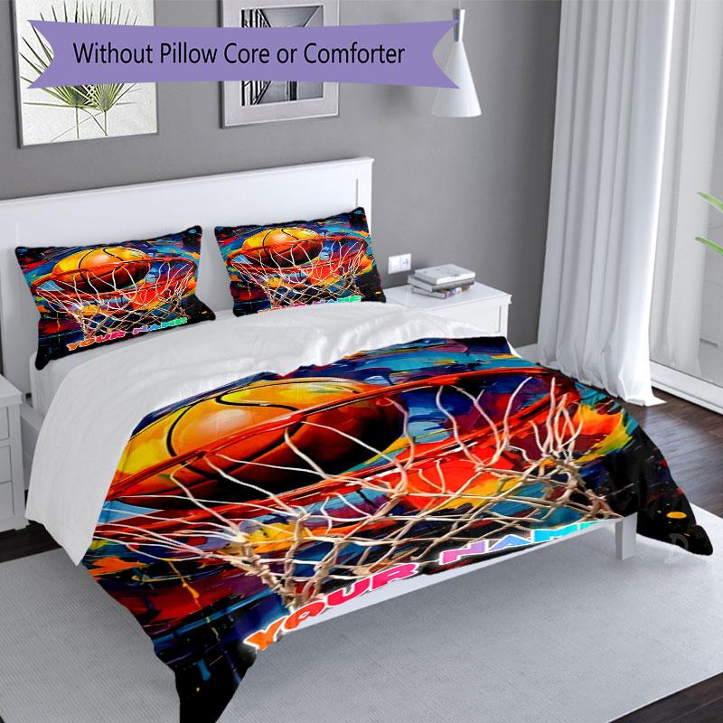 3PC Custom Name Basketball Hoop" Bedding Set Printed Bedding Set Duvet Cover Closure Includes 1 Duvet Cover & 2 Pillowcases for All Seasons Bedroom