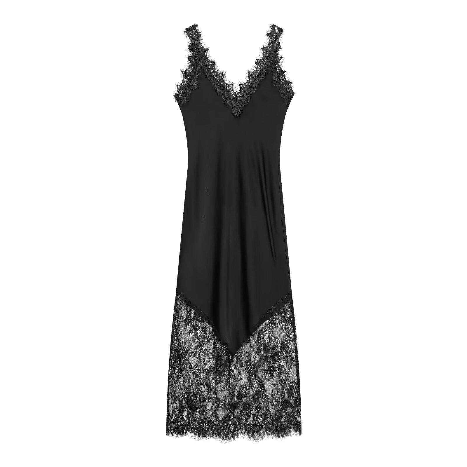 2026 Spring European Style Satin Dress with Eyelash Lace Trim L чёрный