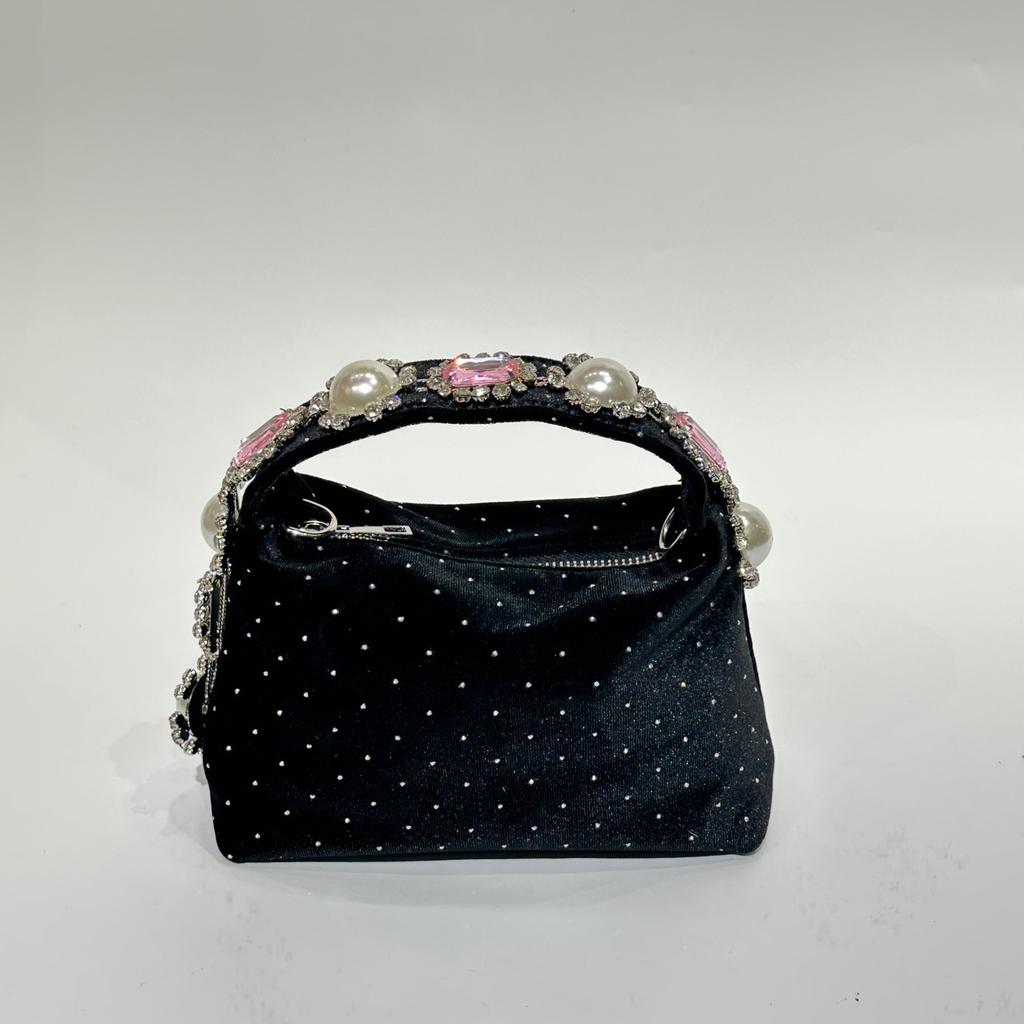 Elegant Pearl Velvet Women's Bag Luxury Rhinestone Evening Shoulder Bag Diamond Crystal Crossbody Bags for Women Wedding Handbag