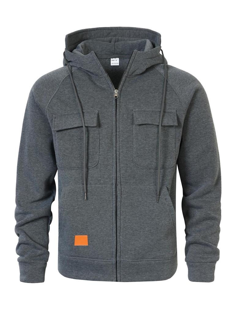 Men's Multi-Pocket Zip-Up Hooded Cardigan: European/American Style, Loose Fit, Stand Collar, Perfect for Spring, Autumn, Winter.