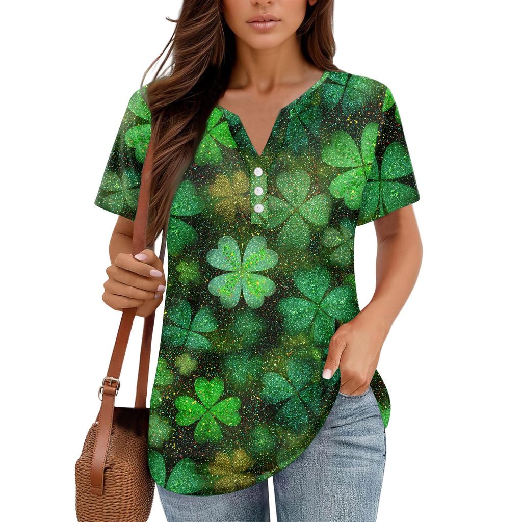 Damen T-Shirt Tee Print Knopf Kurzarm Täglich Wochenende Mode Basic V-Ausschnitt Reguläres Oberteil St. Patrick's Day