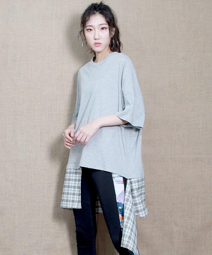 Deumakeu Unisex Pin Check Lab Short Sleeve Oversized T-Shirt Gray
