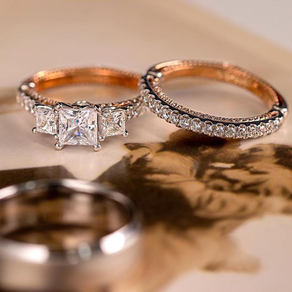 New Arrival Trendy 3Pcs/Set Women Rings Princess Cut Zircon Micro Paved Small Round CZ Stone Wedding & Engagement Jewelry