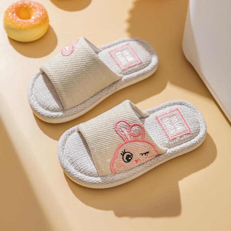 Children's Four Seasons Linen Slippers - Non-slip Soft Sole Cartoon Design for Parent-Child Indoor Use