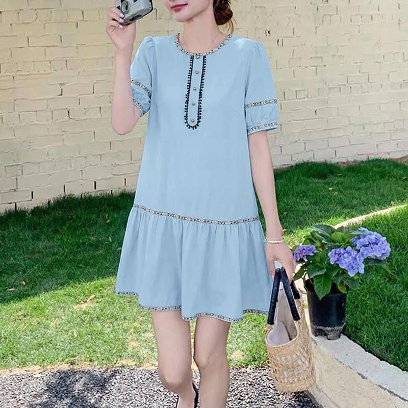 ZANZEA Kadın Rahat Yuvarlak Yaka Yaz Kısa Kollu Elbise