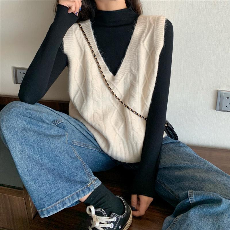 Sweater Vests Warm Sleeveless V-neck Knitted Sweaters Waistcoat Women's Autumn Winter Casual Loose Solid Jumpers Outwear
