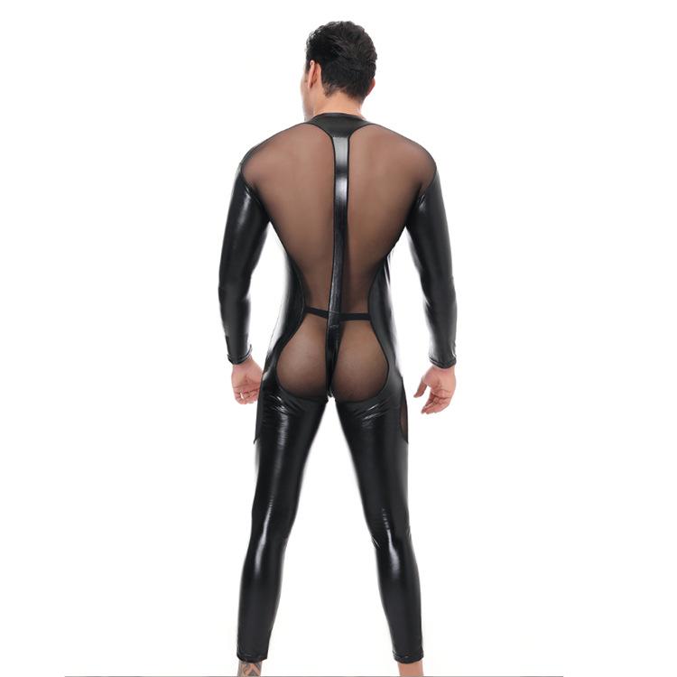 Men's Patent Leather Mesh Patchwork Erotic Bodysuit for Nightclub and Stage Performances