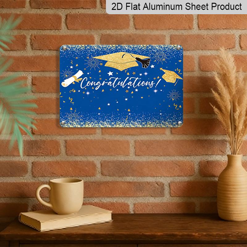 2D Flat, 1pc "Congratulations" Graduation Aluminium Sign 8x12 Inch - Royal Blue & Gold Glitter Grad Cap Design, Sparkling Star & Scroll Decor
