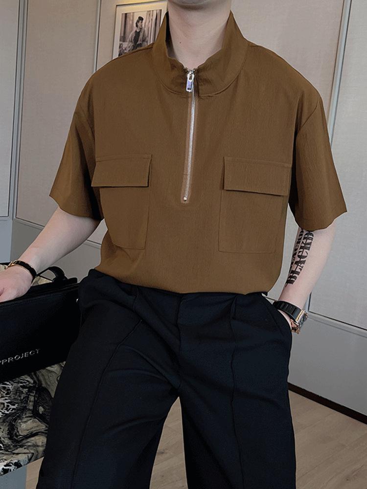 

2023 Летняя Модная Футболка с Воротником-Стойкой и Молнией до Середины с Коротким Рукавом для Мальчиков Double Extra Large кофейный