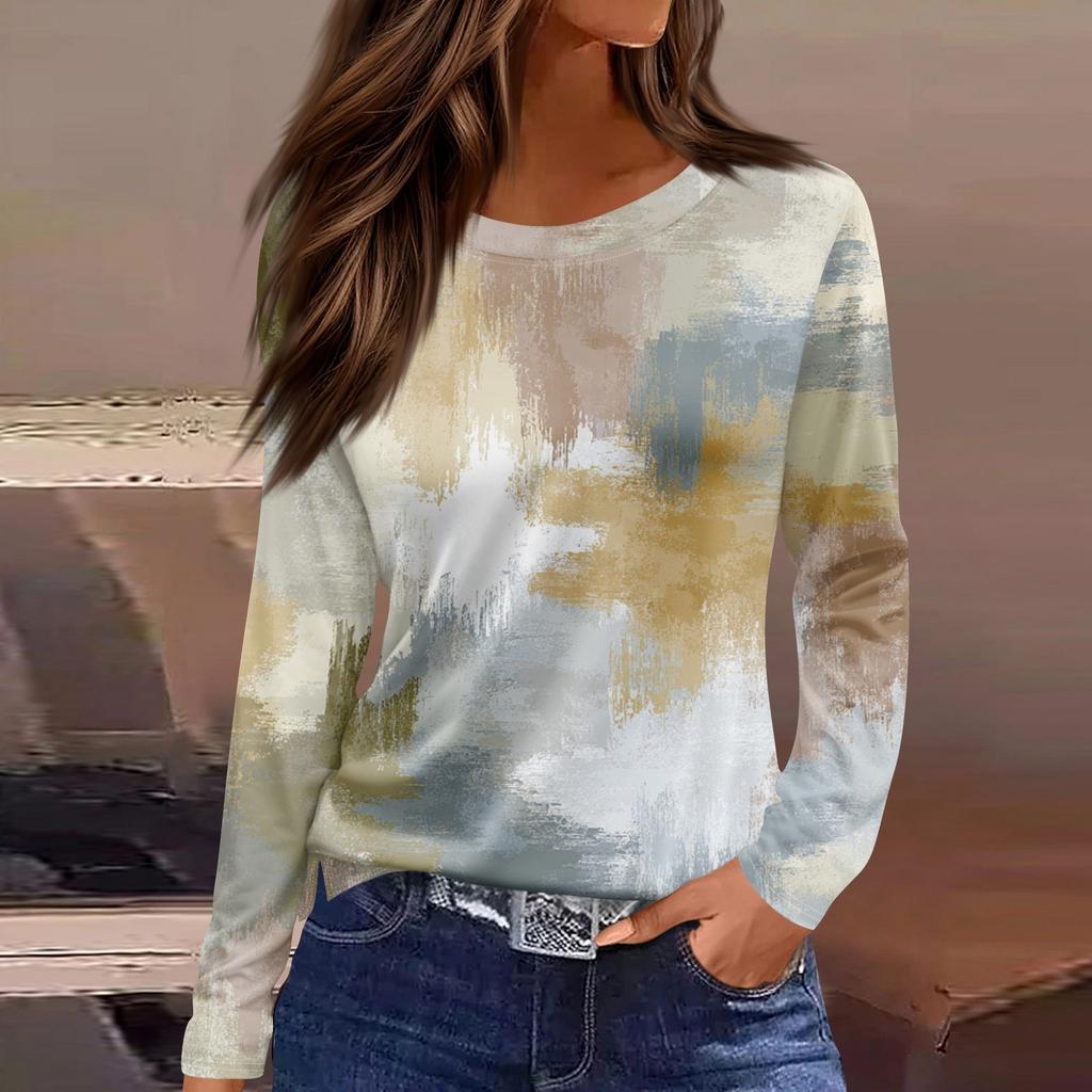 Women's Fashion Hem Slit Casual Floral Print Round Neck Long Sleeve Top