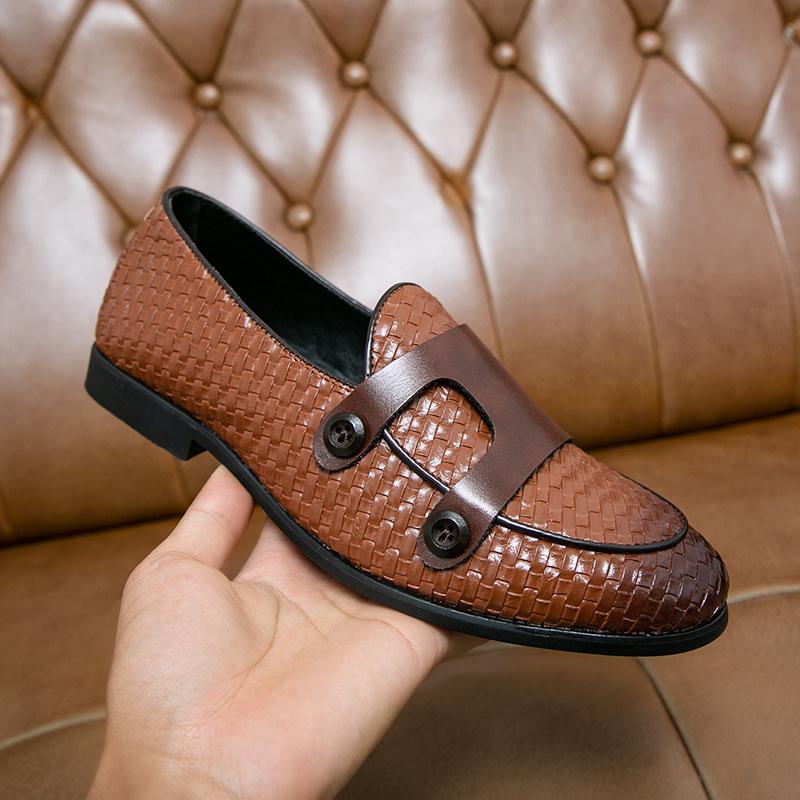 New Shoes for Men Leather Casual Shoes Knit Style Monk-Strap Shoe Street Fashion Slip-on Loafers