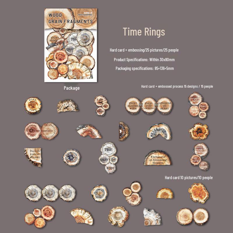 Beautiful Day Wood Grain Sticker Pack: 6 Styles, 25 Embossed Hard Card Stickers with English Theme