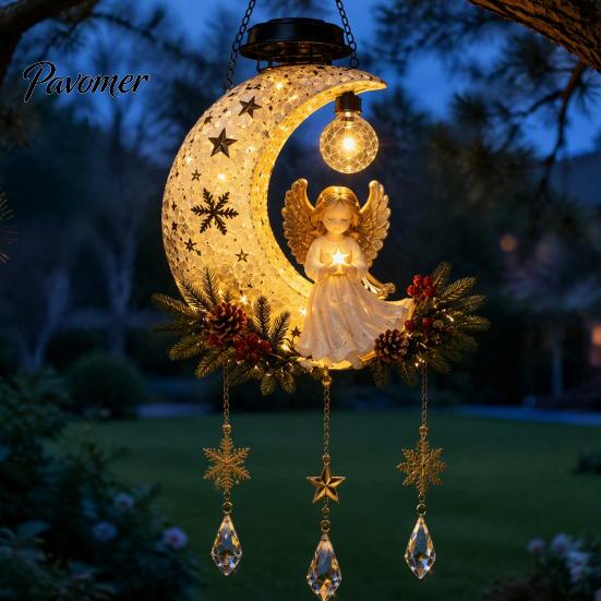 Weather Resistant Resin Ornament Solar Angel Moon Light, Christmas Hanging Lantern with Warm Glow, Garden Patio Yard Decoration Outdoor for
