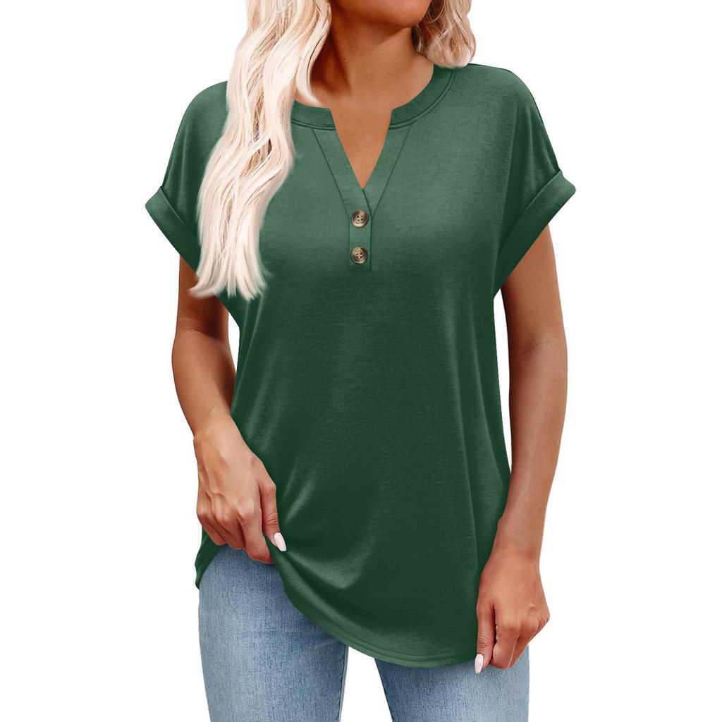 Women's Fashionable Casual Short-sleeved V-neck Button Printed Pullover Top