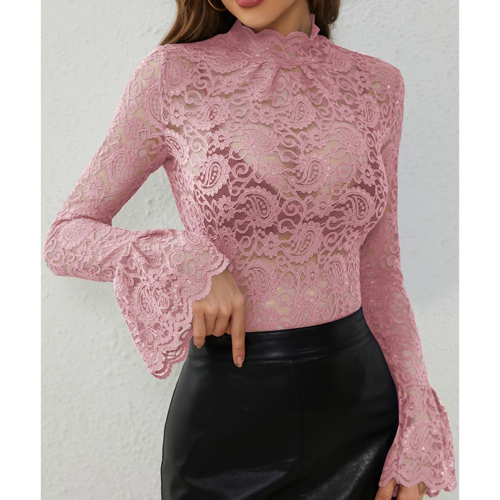 Women's Solid Color Lace Slim Fit Outerwear  Flared Sleeve Top Casual Long Sleeved Top