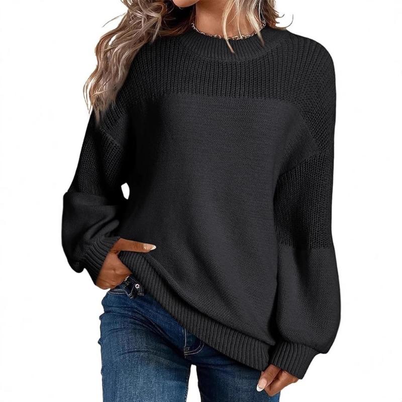 Solid Color Lantern Sleeve Pullover Round Neck Long Sleeve Sweater for Women