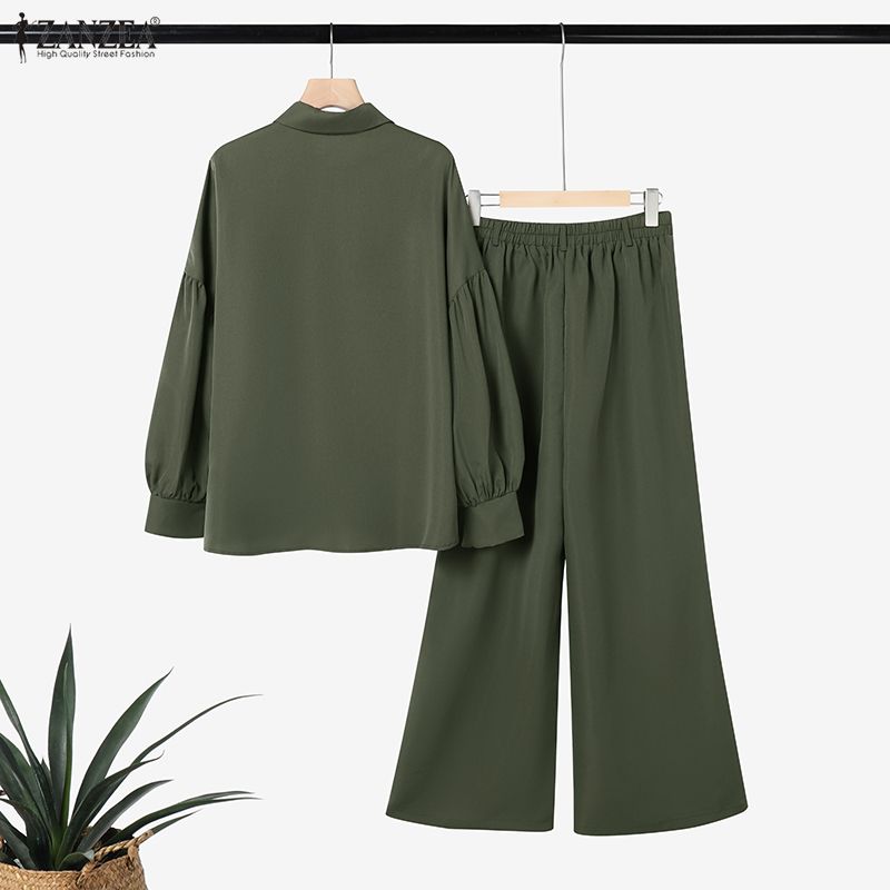 ZANZEA Women Elegant Long Sleeve Blouse and Trousers Casual Two Piece Suit Sets