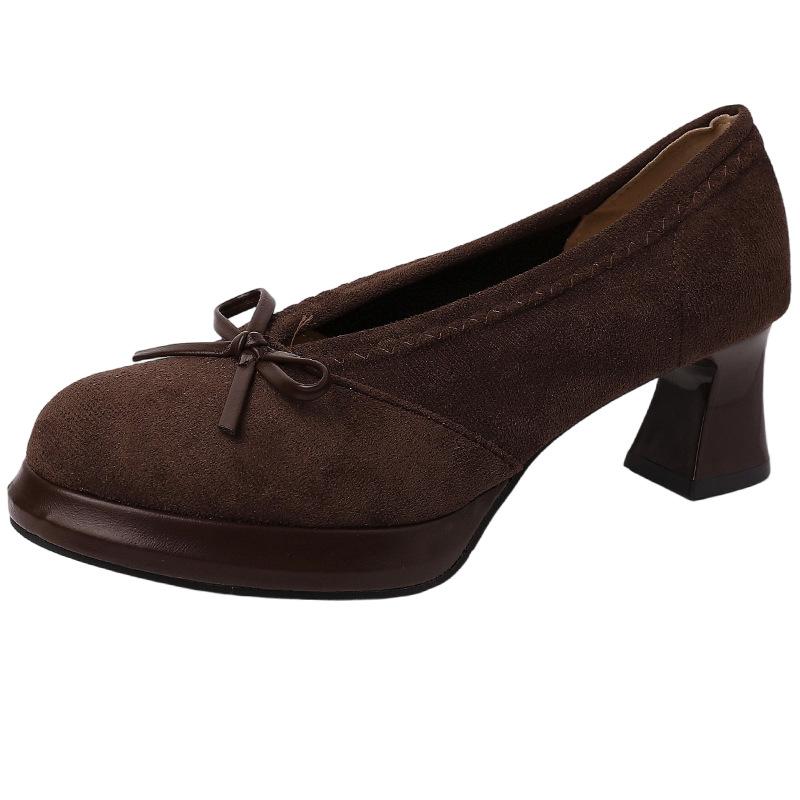 Retro Temperament, Socialite Style, Lady Pedal High Heels, Autumn Suede Bow Thick Heel Mary Jane Single Shoes