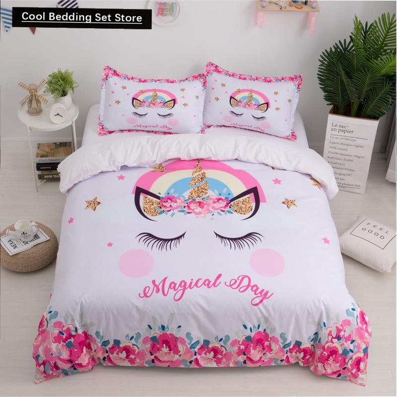 Kids Unicorn Eyelash Pink Princess Duvet Cover King Queen Bedding Set Fairy Magic Animal Closed Eye 2/3pcs Polyester Quilt Cover