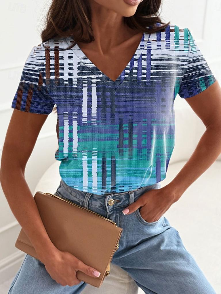 Summer New Women's T-shirt 3D Gradient Regular Lines Printing V-neck Short Sleeve Shirt Fashion Ladies T-shirt Clothing