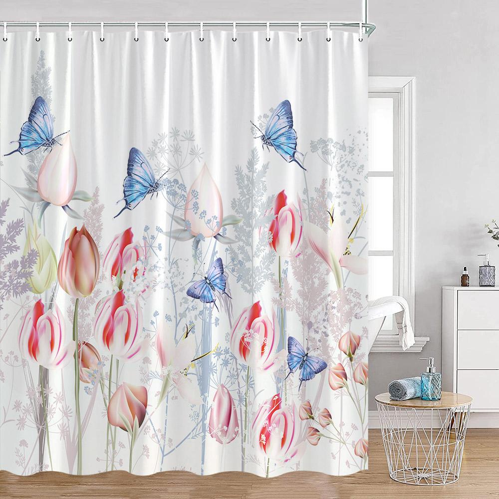 Floral Shower Curtains Flowers Tropical Leaves Birds Butterfly Dragonfly Greenery Plants Bath Curtain Home Decor For Bathroom